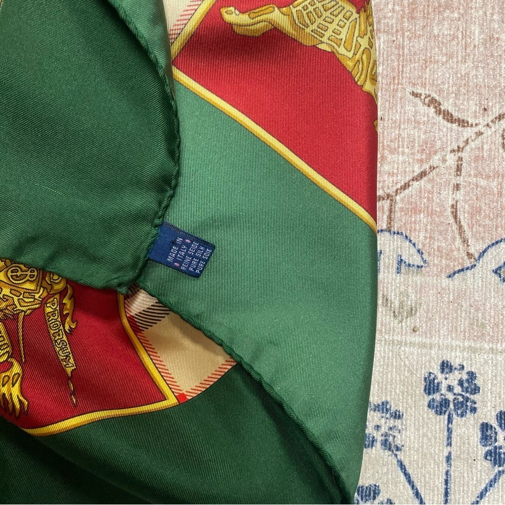 Vintage Burberrys London Silk Scarf Green Red Equestrian Prorsum Knight Logo - Picture 11 of 11
